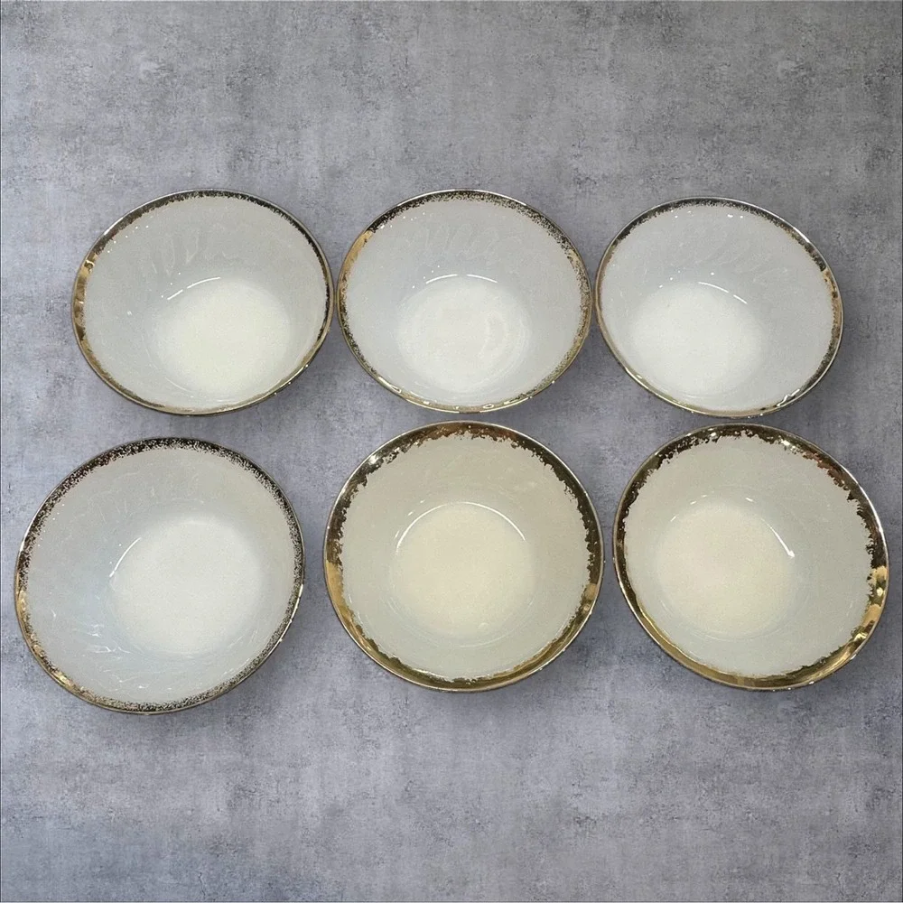 Six Fire King White Milk Glass Swirl Dessert Bowls Gold Trim Made In USA